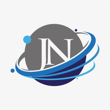 İlk harf JN logotype şirketinin adı mavi ve gri renkli desenli ve küresel tasarım. beyaz arkaplanda izole.