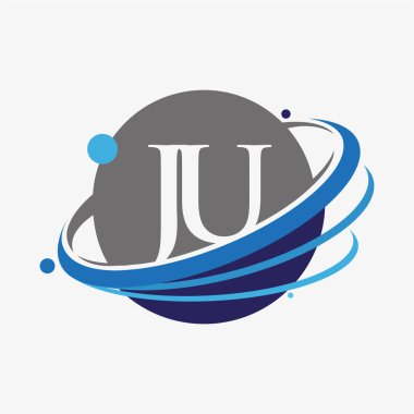 İlk harf JU logotype şirketinin adı mavi ve gri renkler ve dünya tasarımı. beyaz arkaplanda izole.