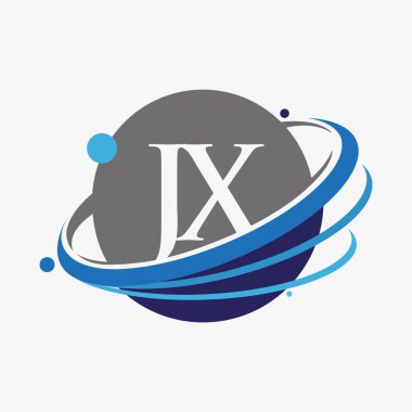 İlk harf JX logotype şirketinin adı mavi ve gri renkli desenli ve küresel tasarım. beyaz arkaplanda izole.