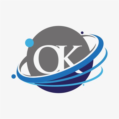 İlk harf OK logotype şirketinin adı mavi ve gri renk akım ve dünya tasarımı. beyaz arkaplanda izole.