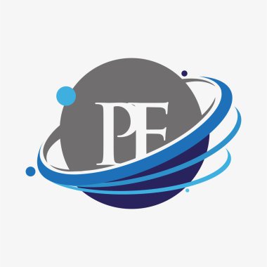 İlk harf PF logotype şirketinin adı mavi ve gri renklendirme ve dünya tasarımı. beyaz arkaplanda izole.