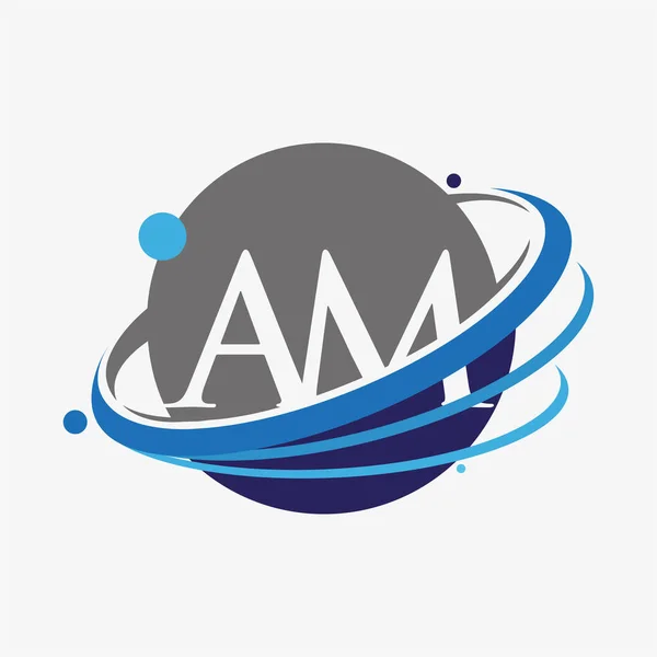 最初的字母Am标志类型公司的名称有色蓝色和灰色Swoosh和全球设计 在白色背景下隔离 — 图库矢量图片