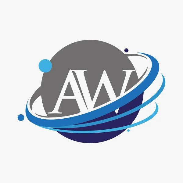 最初的字母Aw标志类型公司的名称有色蓝色和灰色Swoosh和全球设计 在白色背景下隔离 — 图库矢量图片