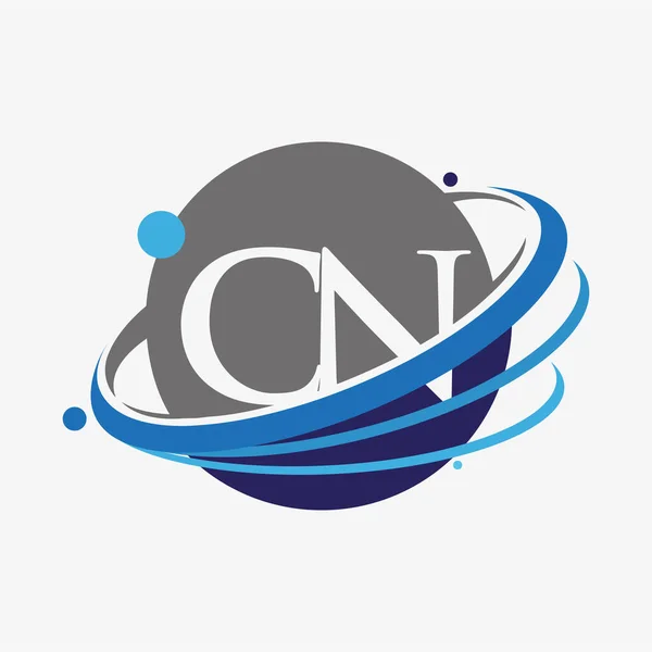 最初的字母Cn标志类型公司的名称有色蓝色和灰色Swoosh和全球设计 在白色背景下隔离 — 图库矢量图片