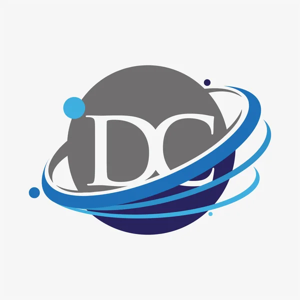 最初的字母Dc标志类型公司的名称有色蓝色和灰色Swoosh和全球设计 在白色背景下隔离 — 图库矢量图片