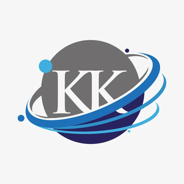 最初的字母Kk标志公司的名称有色蓝色和灰色Swoosh和全球设计 在白色背景下隔离 — 图库矢量图片