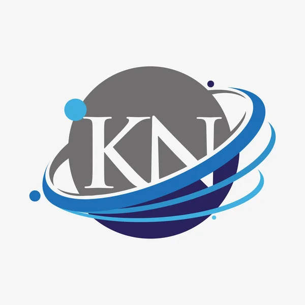 最初的字母Kn标志公司的名称有色蓝色和灰色Swoosh和全球设计 在白色背景下隔离 — 图库矢量图片