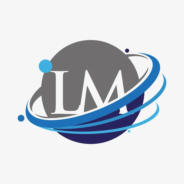 最初的字母Lm标志类型公司的名称有色蓝色和灰色Swoosh和全球设计 在白色背景下隔离 — 图库矢量图片