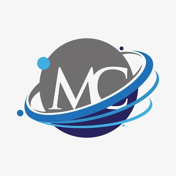 最初的字母Mc标志类型公司的名称有色蓝色和灰色Swoosh和全球设计 在白色背景下隔离 — 图库矢量图片