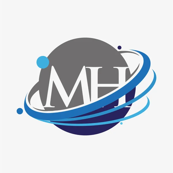 最初的字母Mh标志类型公司的名称有色蓝色和灰色Swoosh和全球设计 在白色背景下隔离 — 图库矢量图片