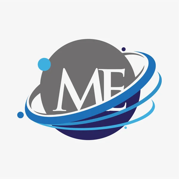 最初的字母Me标志类型公司的名称有色蓝色和灰色Swoosh和全球设计 在白色背景下隔离 — 图库矢量图片