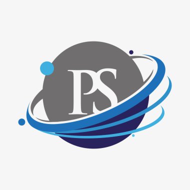 İlk harf PS logotype şirketinin adı mavi ve gri renklendirme ve dünya tasarımı. beyaz arkaplanda izole.