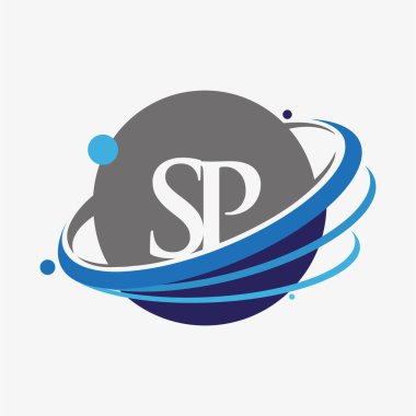 İlk harf SP logotype şirketinin adı mavi ve gri renklendirme ve dünya tasarımı. beyaz arkaplanda izole.