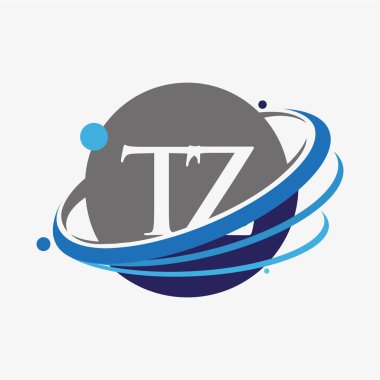 İlk harf TZ logotype şirketinin adı mavi ve gri renkli desenli ve küresel tasarım. beyaz arkaplanda izole.
