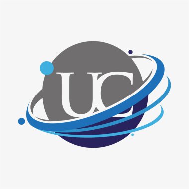 İlk harf UC logotype şirketinin adı mavi ve gri renkler ve dünya tasarımı. beyaz arkaplanda izole.