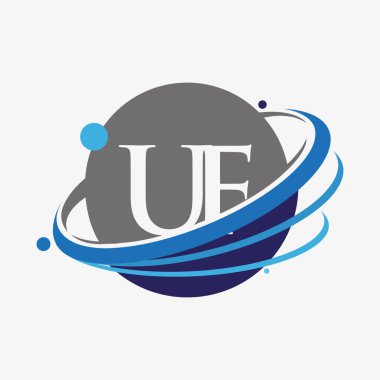 İlk harf UF logotype şirketinin adı mavi ve gri renkler ve dünya tasarımı. beyaz arkaplanda izole.