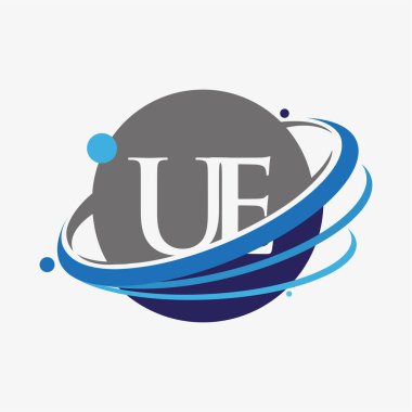 İlk harf UE logotype şirketinin adı mavi ve gri renkte. beyaz arkaplanda izole.