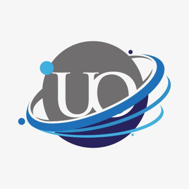 İlk harf UO logotype şirketinin adı mavi ve gri renkler ve dünya tasarımı. beyaz arkaplanda izole.