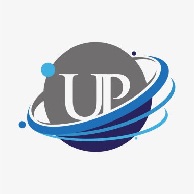 İlk harf UP logotype şirketinin adı mavi ve gri renkli flaş ve dünya tasarımı. beyaz arkaplanda izole.