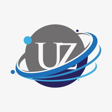 İlk harf UZ logotype şirketinin adı mavi ve gri renkli desenli ve küresel tasarım. beyaz arkaplanda izole.