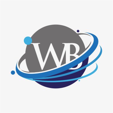 İlk harf olarak WB logotype şirketi adı mavi ve gri renkli salto ve dünya tasarımı. beyaz arkaplanda izole.