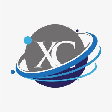 İlk harf XC logotype şirketinin adı mavi ve gri renklendirme ve dünya tasarımı. beyaz arkaplanda izole.