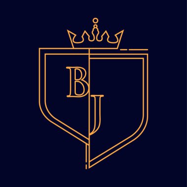 BJ ilk logosu, turuncu renkli amblem ve taç, çizgi sanatı ve klasik tasarım, koyu arkaplanda izole edilmiş..