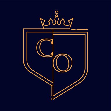 Karbon monoksit, turuncu, amblem ve taç, çizgi sanatı ve klasik tasarım, koyu arkaplanda izole edilmiş..