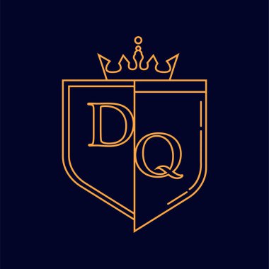 DQ ilk logotype, renkli turuncu amblem ve taç, çizgi sanatı ve klasik tasarım, koyu arkaplanda izole edilmiş..