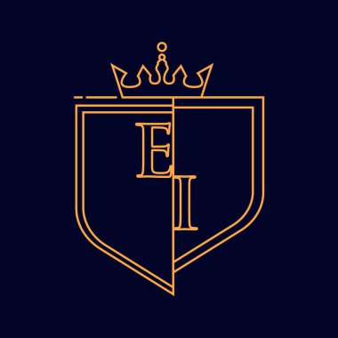 İlk logotype, renkli turuncu amblem ve taç, çizgi sanatı ve klasik tasarım, koyu arkaplanda izole edilmiş..