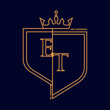 ET ilk logotype, renkli turuncu amblem ve taç, çizgi sanatı ve klasik tasarım, koyu arkaplanda izole edilmiş.