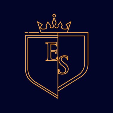 ES ilk logotype, renkli turuncu amblem ve taç, çizgi sanatı ve klasik tasarım, koyu arkaplanda izole edilmiş.