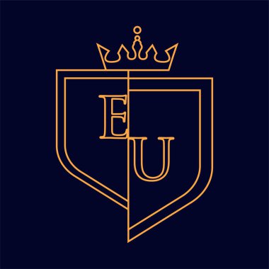 AB 'nin ilk logosu, amblem ve taç renginde turuncu, çizgi sanatı ve klasik tasarımı koyu arkaplanda izole..