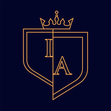 IA ilk logosu, turuncu renkli amblem ve taç, çizgi sanatı ve klasik tasarım, koyu arkaplanda izole edilmiş..