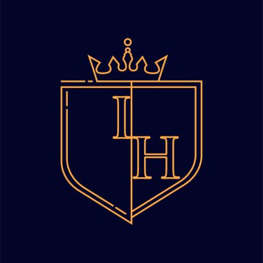 IH ilk logotype, renkli turuncu amblem ve taç, çizgi sanatı ve klasik tasarım, koyu arkaplanda izole edilmiş.