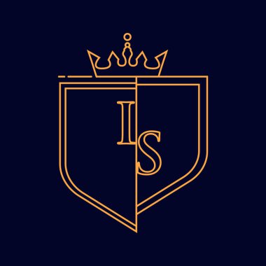 İlk logotype, renkli turuncu amblem ve taç, çizgi sanatı ve klasik tasarım, koyu arkaplanda izole edilmiş..