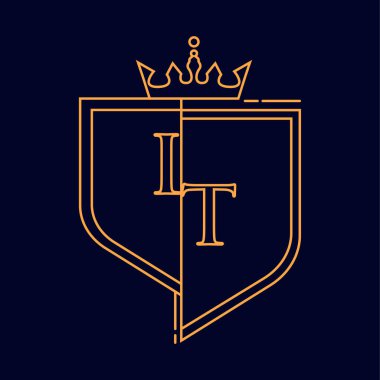 IT ilk logosu, turuncu renkli amblem ve taç, çizgi sanatı ve klasik tasarım, koyu arkaplanda izole edilmiş..