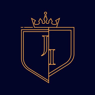 JI ilk logotype, renkli turuncu amblem ve taç, çizgi sanatı ve klasik tasarım, koyu arkaplanda izole edilmiş..