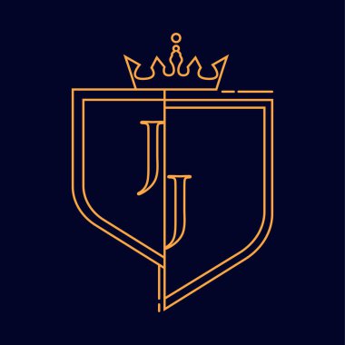 JJ ilk logotype, renkli turuncu amblem ve taç, çizgi sanatı ve klasik tasarım, koyu arkaplanda izole edilmiş..