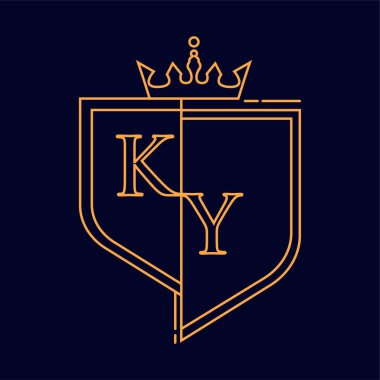 KY ilk logotype, renkli turuncu amblem ve taç, çizgi sanatı ve klasik tasarım, koyu arkaplanda izole edilmiş..