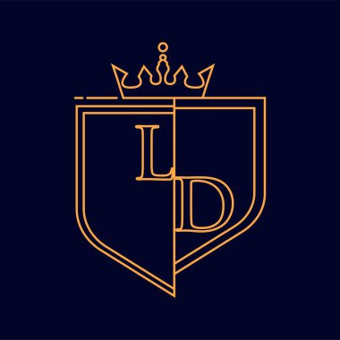 LD ilk logotype, renkli turuncu amblem ve taç, çizgi sanatı ve klasik tasarım, koyu arkaplanda izole edilmiş.