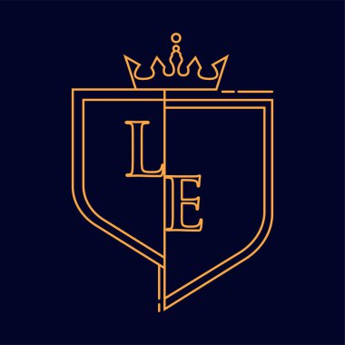LE ilk logotype, renkli turuncu amblem ve taç, çizgi sanatı ve klasik tasarım, koyu arkaplanda izole edilmiş.