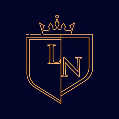 LN ilk logotype, renkli turuncu amblem ve taç, çizgi sanatı ve klasik tasarım, koyu arkaplanda izole edilmiş..