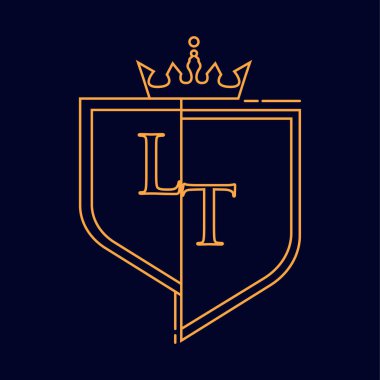 LT ilk logotype, renkli turuncu amblem ve taç, çizgi sanatı ve klasik tasarım, koyu arkaplanda izole edilmiş..