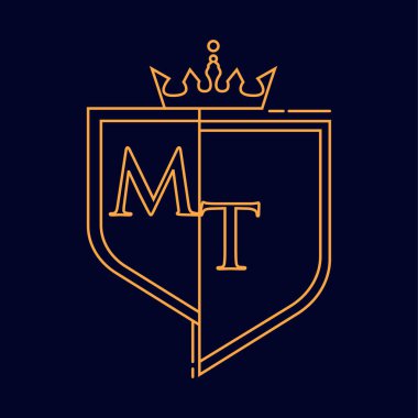 MT ilk logotype, renkli turuncu amblem ve taç, çizgi sanatı ve klasik tasarım, koyu arkaplanda izole edilmiş..