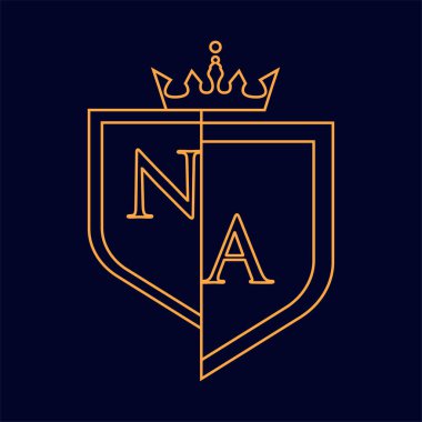 İlk logotype, renkli turuncu amblem ve taç, çizgi sanatı ve klasik tasarım, koyu arkaplanda izole edilmiş..