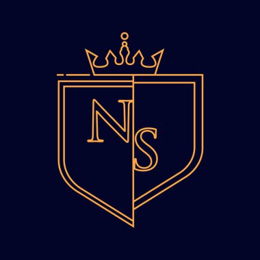 NS ilk logosu, renkli turuncu amblem ve taç, çizgi sanatı ve klasik tasarım, koyu arkaplanda izole edilmiş..