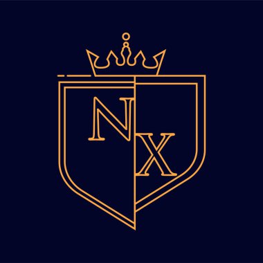 NX ilk logosu, renkli turuncu amblem ve taç, çizgi sanatı ve klasik tasarım, koyu arkaplanda izole edilmiş..