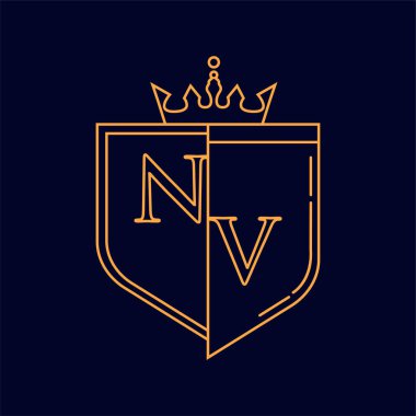 NV ilk logotype, renkli turuncu amblem ve taç, çizgi sanatı ve klasik tasarım, koyu arkaplanda izole edilmiş..