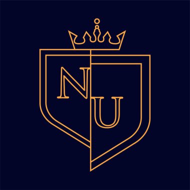 NU ilk logosu, turuncu renkli amblem ve taç, çizgi sanatı ve klasik tasarım, koyu arkaplanda izole edilmiş..